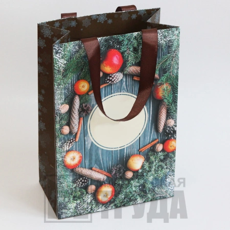 Новогодний подарочный бумажный пакет А4 с репсовой вклеенной лентой (офсетный)