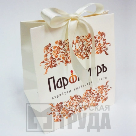 Фирменный подарочный бумажный пакет с полноцветной печатью и лентой-бантом