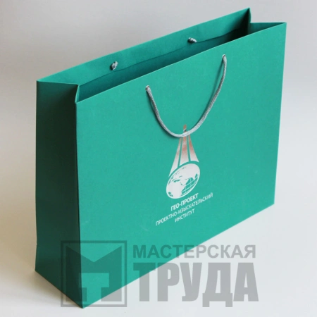 Бумажный пакет А3 из дизайнерского картона и тиснением фольгой логотипа