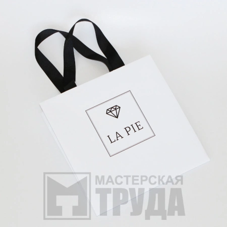 Маленький фирменный пакет под украшения с офсетной печатью и ручками лентами